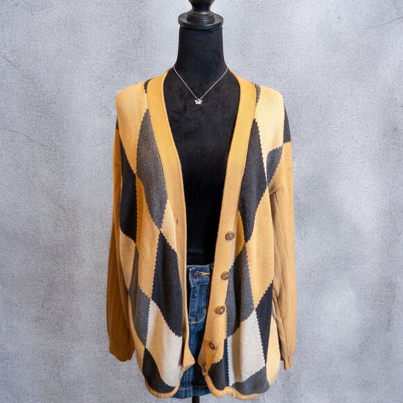Vintage 90s Lizsport Tan Gray Argyle Knit Cotton Cardigan Sweater Large - Picture 4 of 9